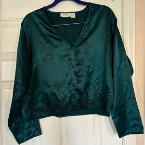 Victoria's Secret Gold Label green embroidered satin silky pajama top